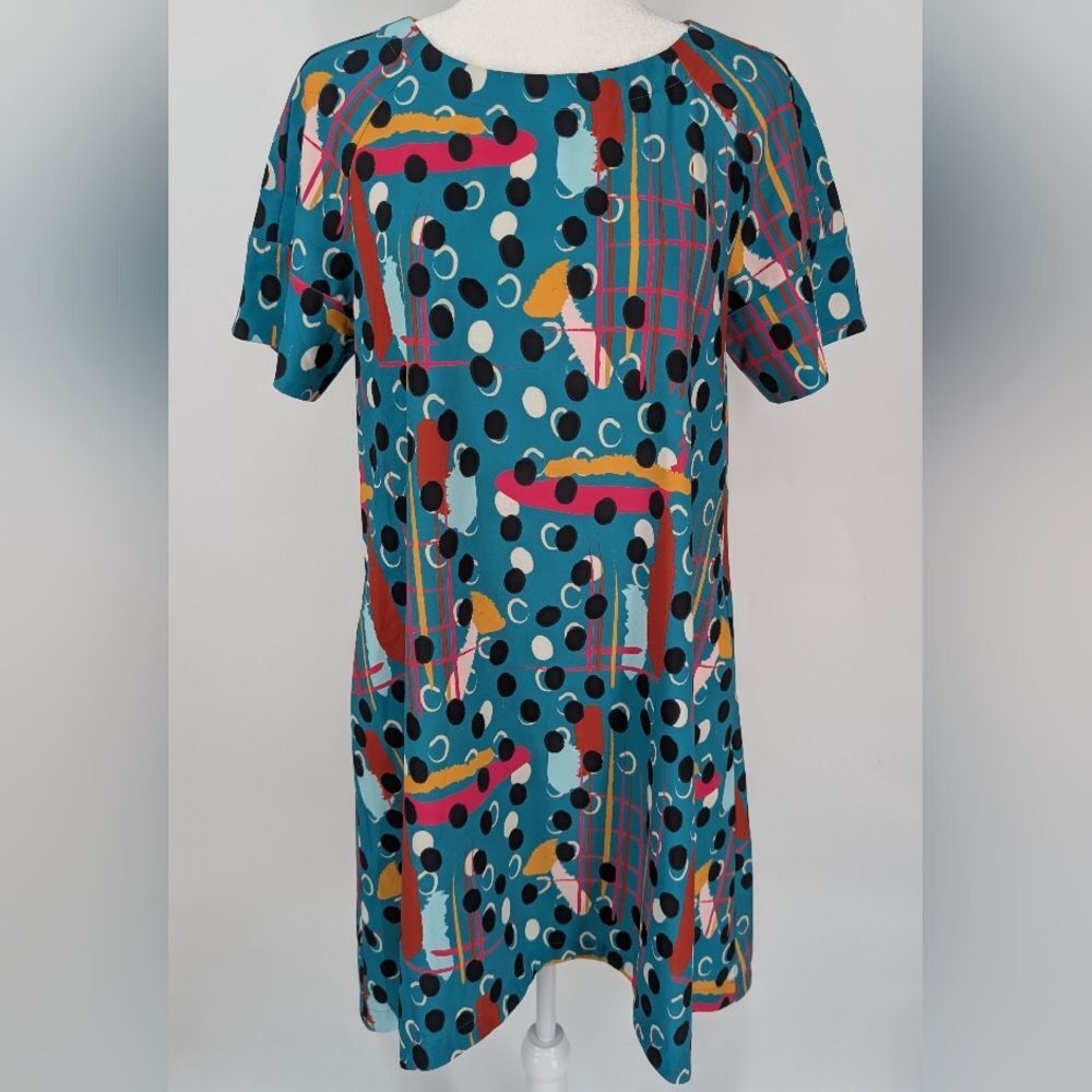 CROSBY by Mollie Burch Teal Pink Black Abstract Polka Dot Artsy Whit Dress Small